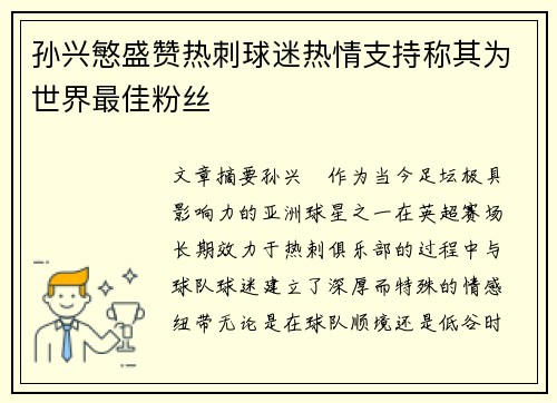 孙兴慜盛赞热刺球迷热情支持称其为世界最佳粉丝